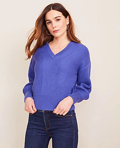 Ann Taylor Mixed Ribbed V-neck Sweater In Deep Bluebell