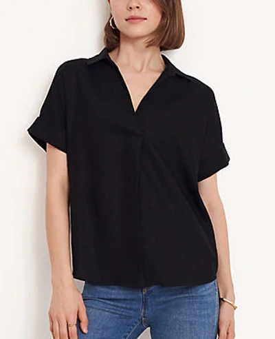 Ann Taylor Linen Blend Split Neck Shirt In Black