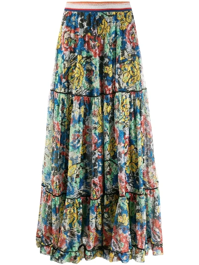 Missoni Floral-pattern Tiered Maxi-skirt In Silver