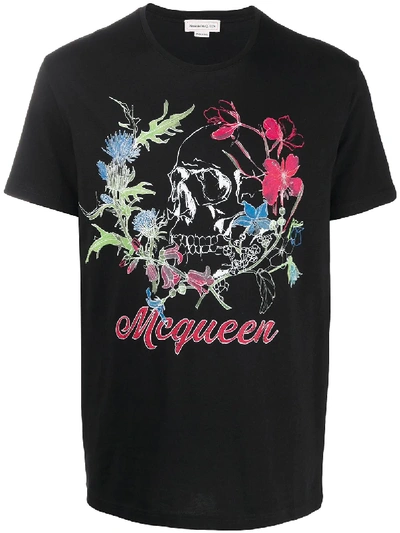 Alexander Mcqueen Floral Skull And Logo-print Cotton-jersey T-shirt In Multi-colour