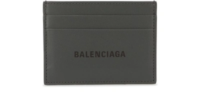 Balenciaga Logo Leather Card Holder In Dark Grey