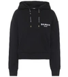 Balmain Black Flocked Logo Crop Hoodie In Black