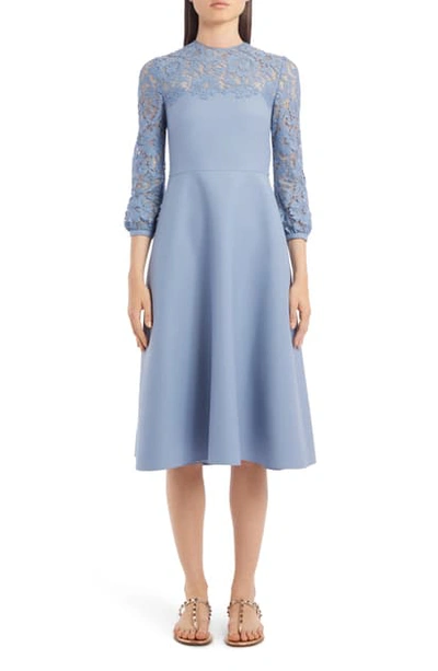 Valentino Lace Contrast Wool & Silk Midi Dress In Cloud
