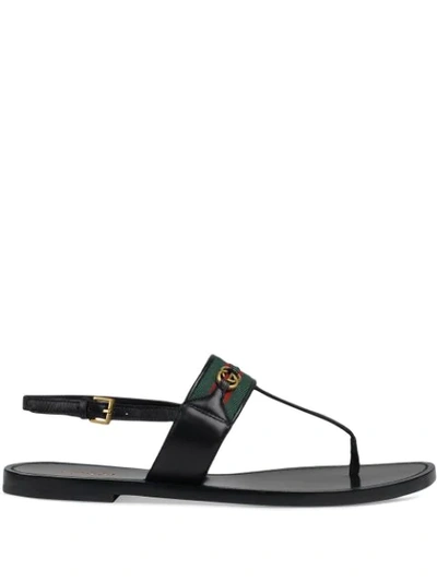 Gucci Siryo Embellished Webbing-trimmed Leather Sandals In Black Leather