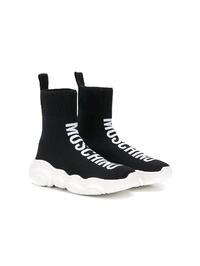 Moschino Kids' Logo-embellished Knitted Sneakers In Black