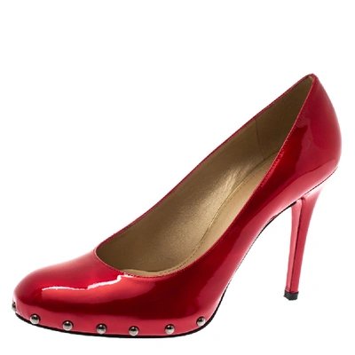 Pre-owned Stuart Weitzman Red Patent Leather Studded Platform Pumps Size 40