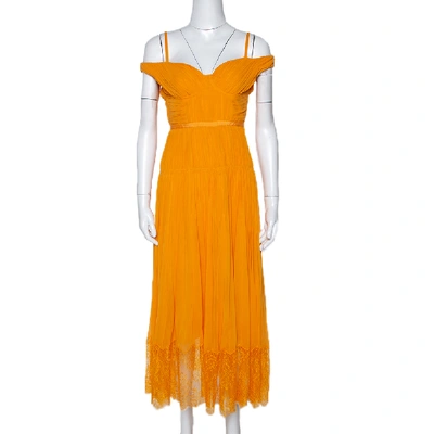 Pre-owned Self-portrait Orange Pleated Chiffon Off Shoulder Dress Xs