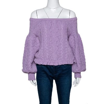 Pre-owned Valentino Lilac Wool Aran Knit Off Shoulder Sweater L In Purple