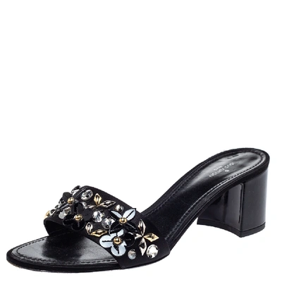 Pre-owned Louis Vuitton Black Satin Applique Embellished Block Heel Slide Sandals Size 39.5