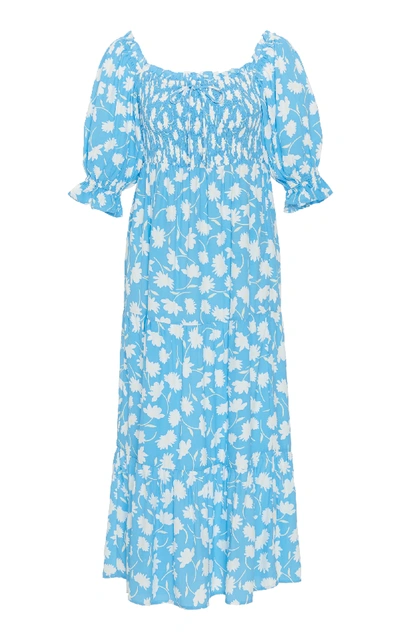 Faithfull The Brand + Net Sustain Olinda Shirred Floral-print Crepe Midi Dress In Blue