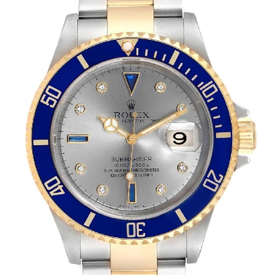 Rolex Submariner Steel Gold Slate Diamond Sapphire Serti Mens Watch 16613 In Not Applicable