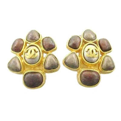 Pre-owned Chanel Vintage  Marble Brown And Taupe Color Gripoix Stone Flower Motif Earrings With Gold Tone Cc Lo In Not Applicable