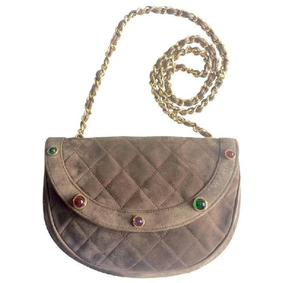 Pre-owned Chanel Vintage  Beige Brown, Cocoa Brown Suede Leather Chain Shoulder Bag With Green, Red, And Purple In Pink
