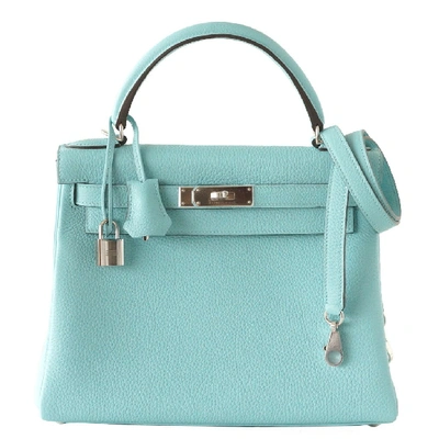 Pre-owned Hermes Kelly 28 Bag Fresh Atoll Togo Palladium In Blue