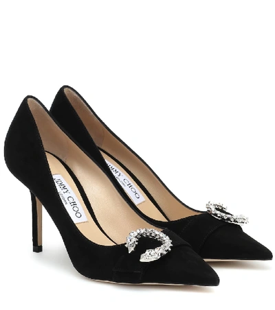 Jimmy Choo Saresa 85 Embellished Suede Pumps In Black