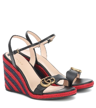Gucci Gg Leather Wedge Espadrille Sandals In Red