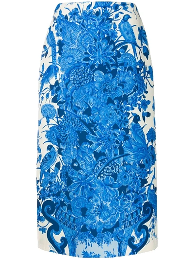 Valentino Delft-print Wool-blend Midi Pencil Skirt In Ivory/blue