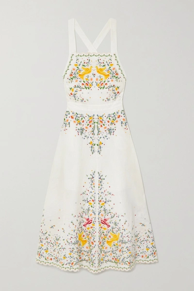 Zimmermann Carnaby Floral-embroidered Linen Midi Dress In  White,yellow,green | ModeSens