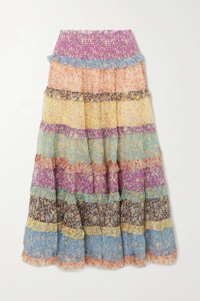 Zimmermann Carnaby Ruffled Floral-print Silk-chiffon Maxi Skirt In Lilac