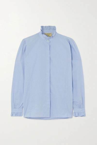 Purdey Ruffled Embroidered Cotton-chambray Shirt In Light Blue