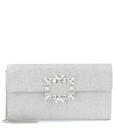 Roger Vivier Rv Broche Glitter Envelope Flap Clutch Bag In Silver