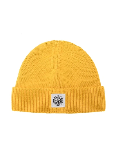 Stone Island Kids' Logo Patch Beanie In Yellow