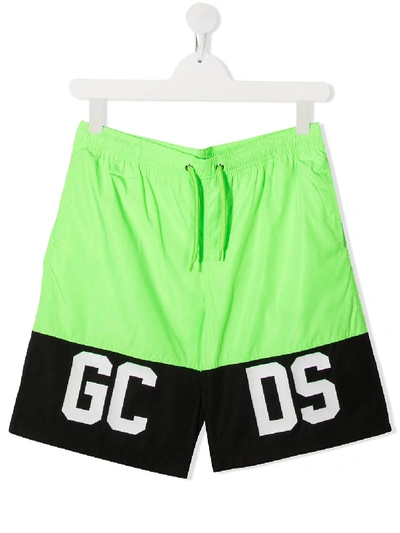 Gcds Kids' Black And Green Logo Swim Shorts