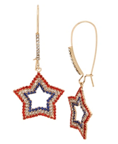 Betsey Johnson Star Long Drop Earrings In Gold-tone Metal, 2.5" In Red/white/blue