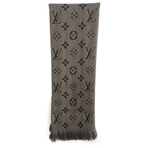 Louis Vuitton Taupe Wool Logomania Fringed Scarf