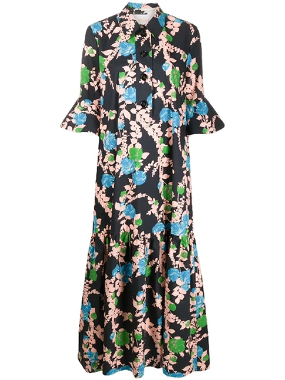 La Doublej Floral Tiered Ruffle Cotton Dress In Winter Rose Nero