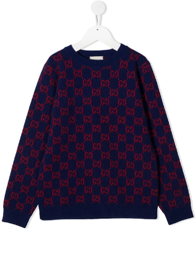 Gucci Kids' Felted Wool Jacquard Knit Jumper In Inchiostro/rosso