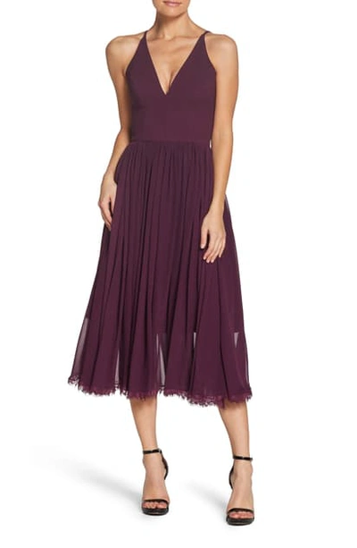 Dress The Population Alicia Mixed Media Midi Dress In Plum