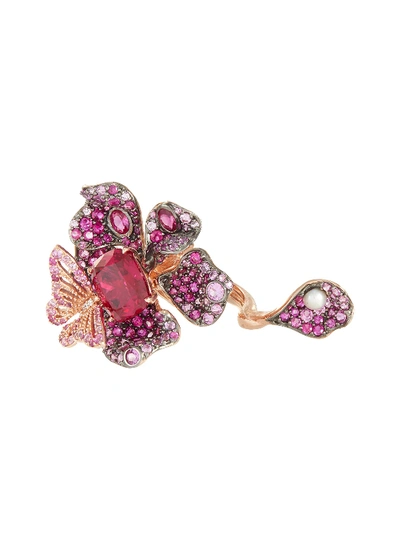 Anabela Chan Ruby Peony Butterfly' Gemstone 18k Rose Gold Rhodium Vermeil Ring In Red