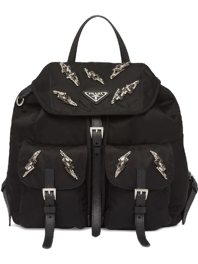Prada Crystal-embellished Lightening Bolt Backpack In Black
