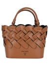 Prada Medium Woven Leather Tote In Light Brown