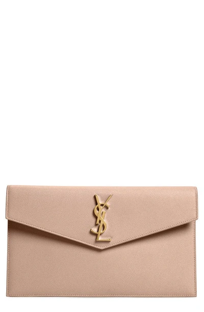 Saint Laurent Uptown Medium Ysl Monogram Grain De Poudre Clutch Bag In Dark Beige