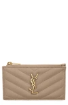 Saint Laurent Pebbled Leather Zip Card Case In Sea Salt