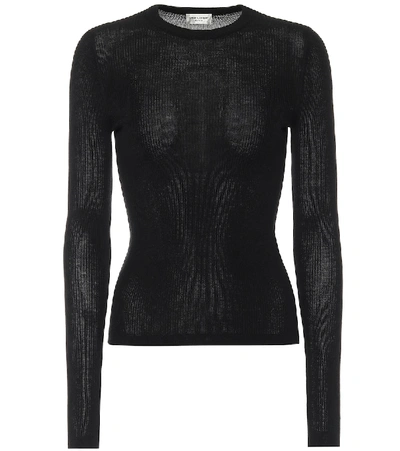 Saint Laurent Ribbed Knit Sheer Top In Black