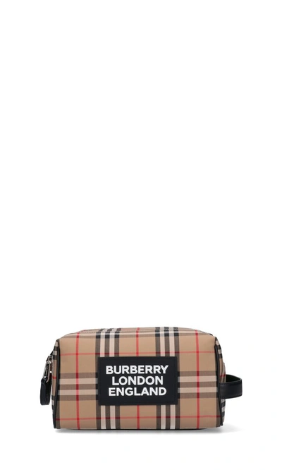 Burberry Logo Hart Canvas Check Toiletry Bag In Archive Beige