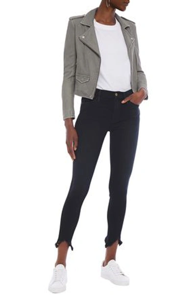 FRAME LE HIGH DOUBLE TRIANGLE FRAYED MID-RISE SKINNY JEANS,3074457345622787359