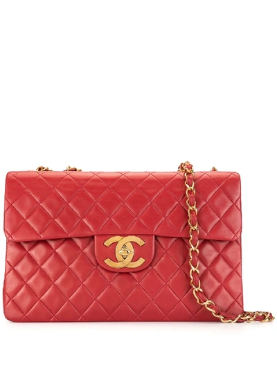 Pre-owned Chanel 1992 Jumbo Xl Double Chain Shoulder Bag In Red