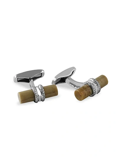 Zegna Sterling Silver & Jade Herringbone Cylinder Cufflinks