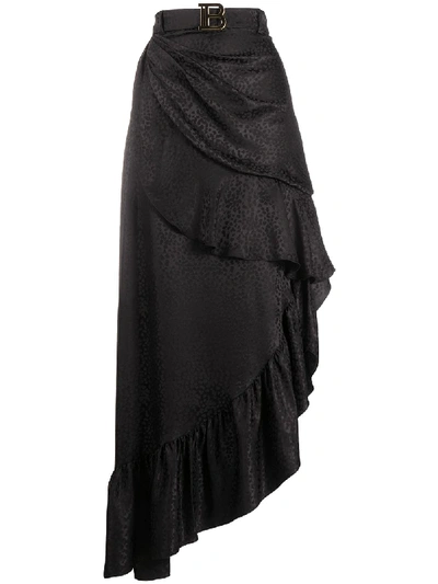 Balmain Asymmetric Leopard Print Tiered Skirt In Black