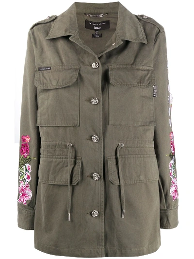 Philipp Plein Floral-embroidered Parka Coat In Green