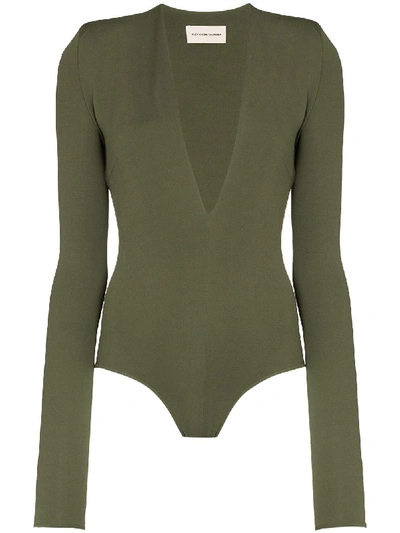 Alexandre Vauthier Deep V-neck Long Sleeve Bodysuit In Green