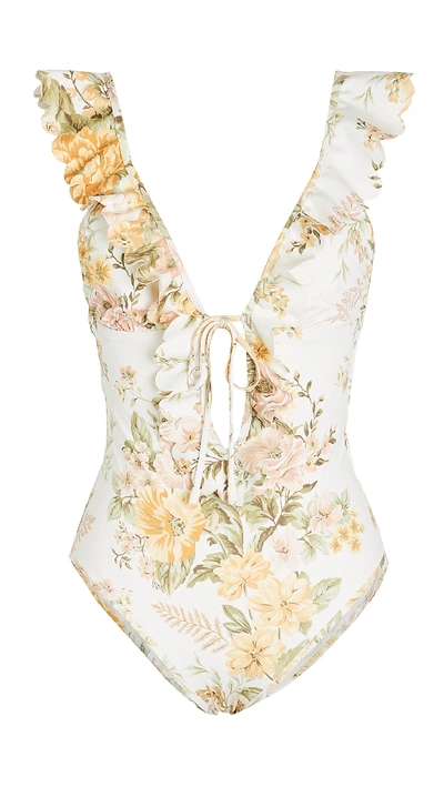 Zimmermann Amelie Ruffled Floral-print Swimsuit In Ivory