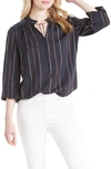 NIC + ZOE WATERFALL STRIPE RUFFLE TIE NECK BLOUSE,M201631