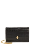 Alexander Mcqueen Skull Small Embossed Croc Leather Crossbody Bag In Black