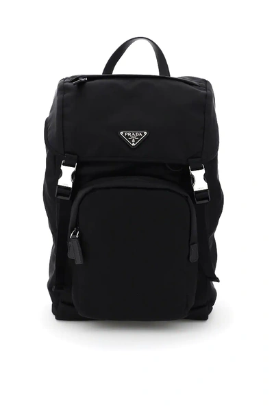 Prada Nylon And Saffiano Backpack In Black