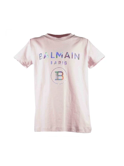 Balmain Kids' Iridescent Logo T-shirt In Pink